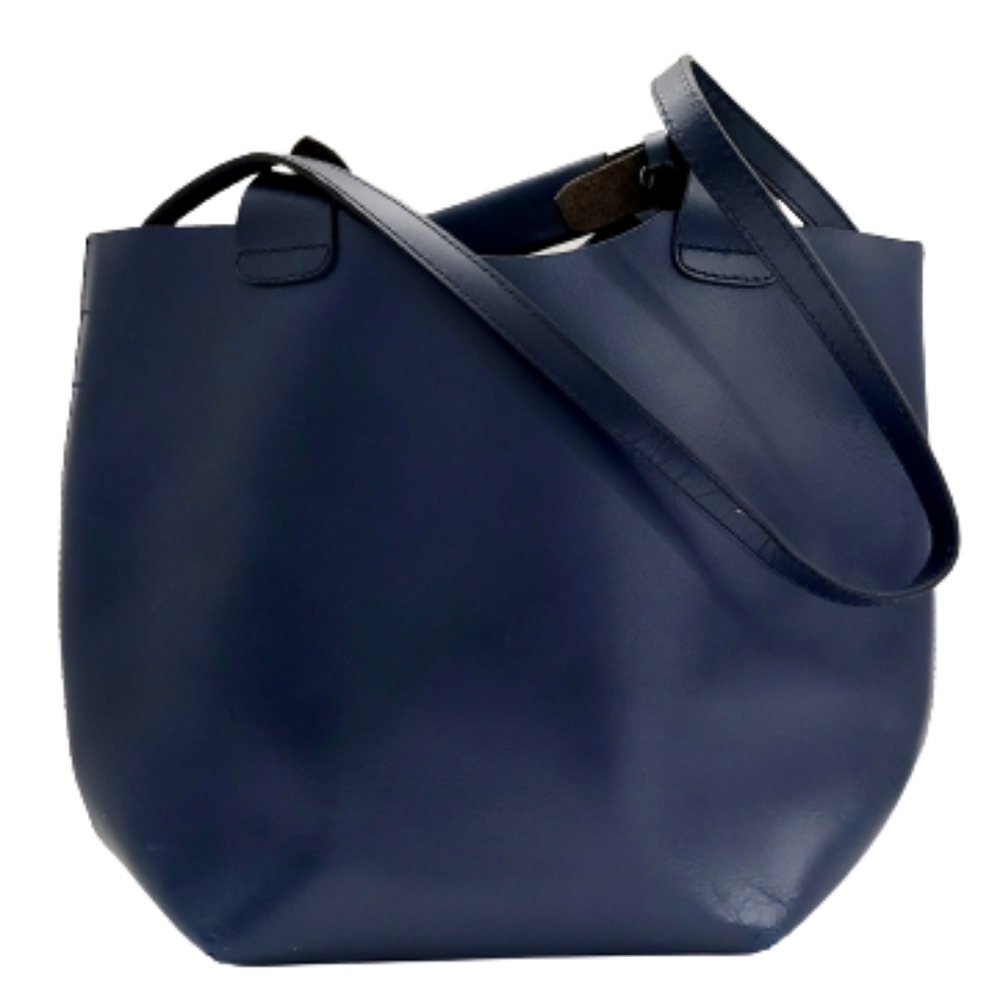 Navy blue top handle tote with detachable strap